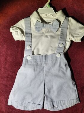 12-18mo Light Blue Baby Boy Suspender Shorts Set with Bow Tie